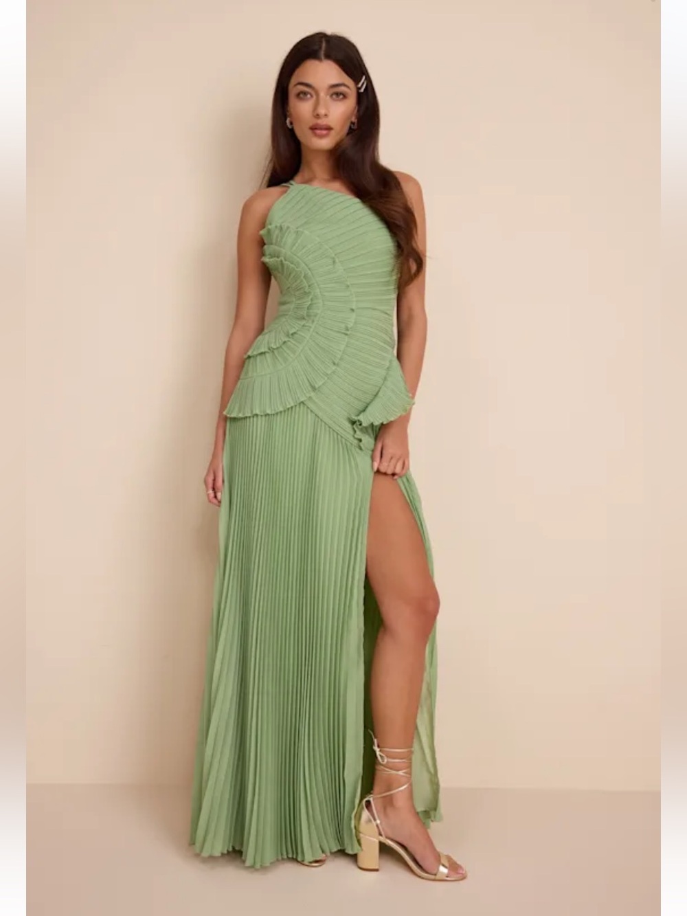 NWOT Lulus Magdalene Light Green Pleated Asymmetrical Maxi Dress FLAWED ZIPPER